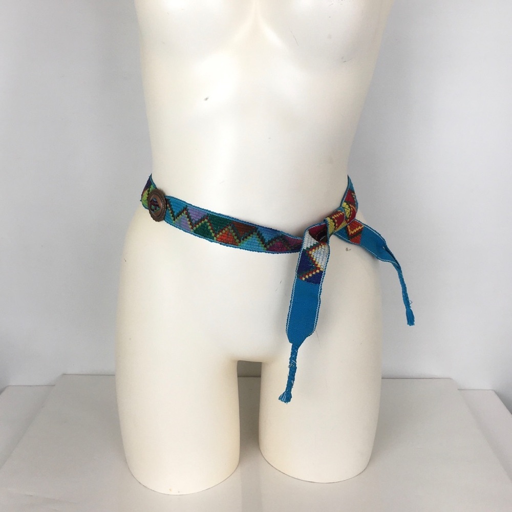 Vintage Colorful Western Handwoven Belt Copper Conchos Cowgirl Festival Tribal